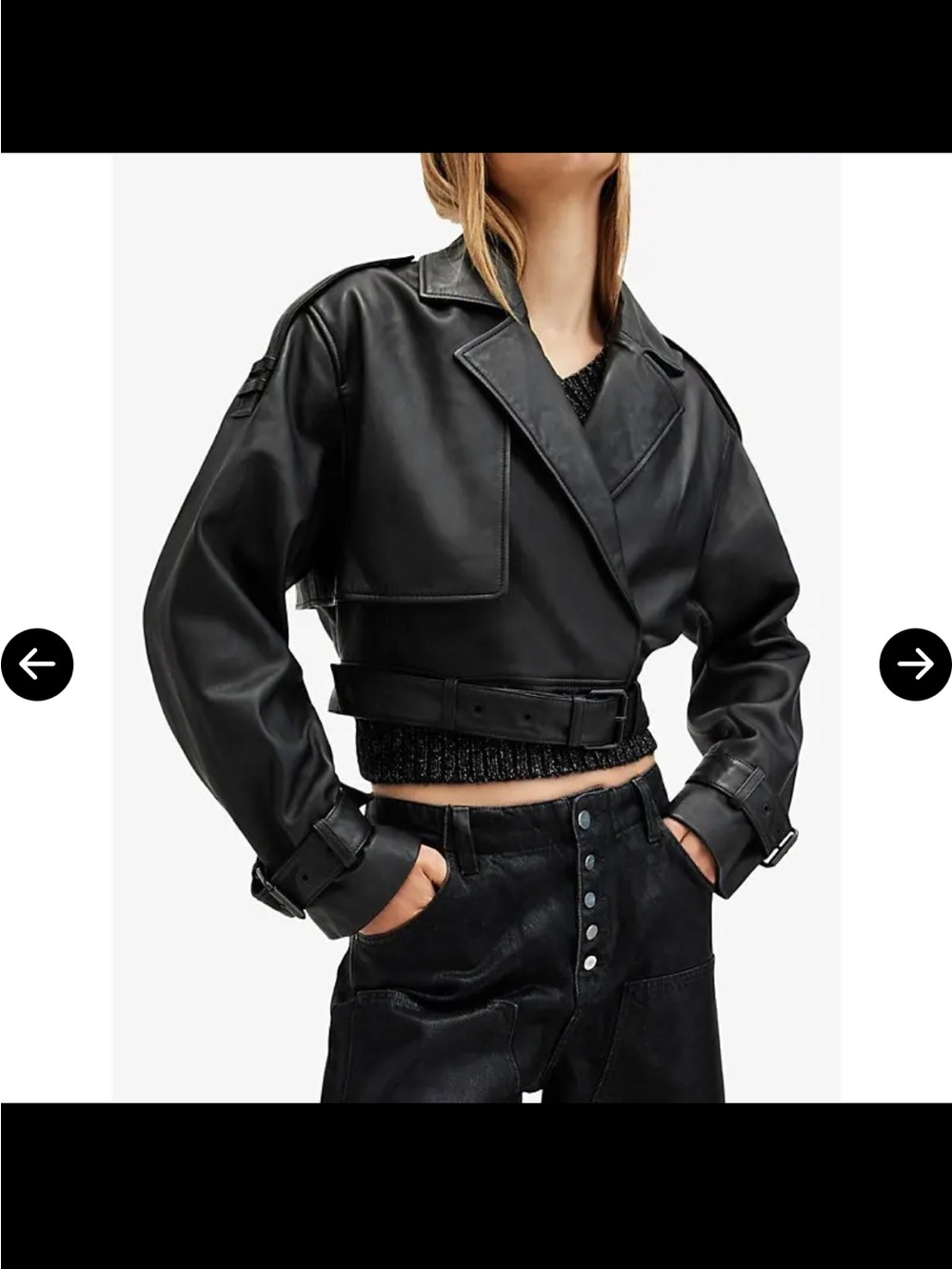 AllSaints Ophelia Lea Black Cropped Leather Belted Jacket